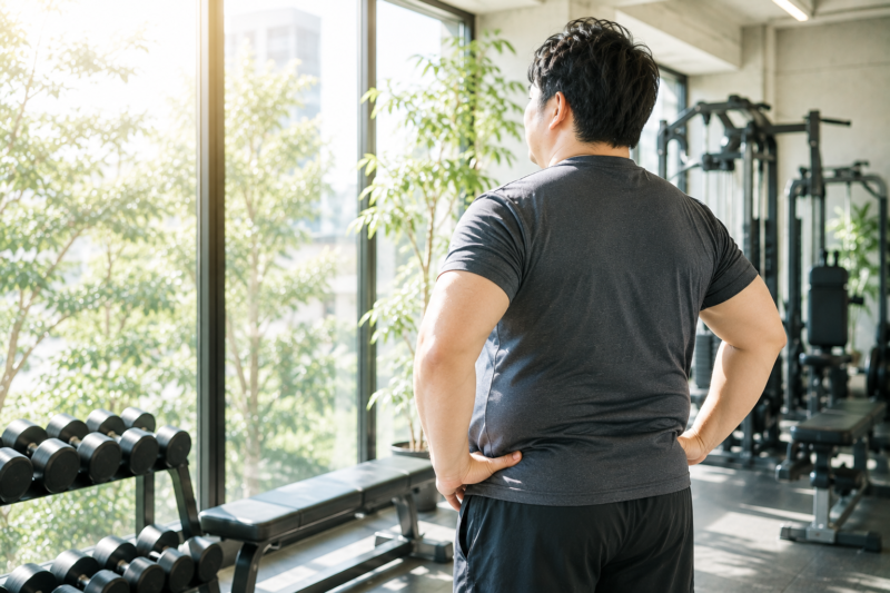 明るい自然光が差し込むジム-トレーニング後に前向きな様子を見せる男性の後ろ姿
