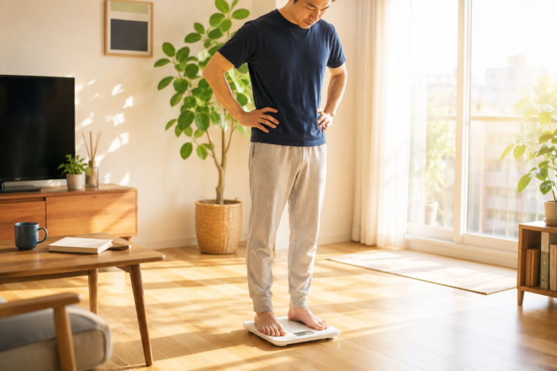 朝のリビングで体重計に乗り、体重の変化を確認する男性