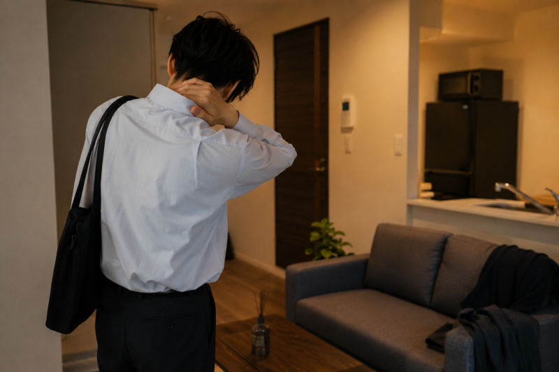 疲れて賃貸マンションに帰宅した独身一人暮らし男性の様子