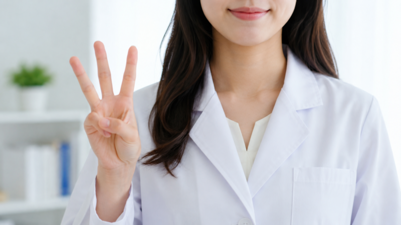 白衣の女性が3本の指でイラッとしたときの3つの対処法を示す様子