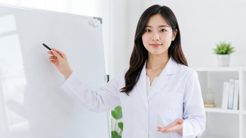 白衣の女性がホワイトボードを使い、気持ちの余裕を作る工夫を説明する様子
