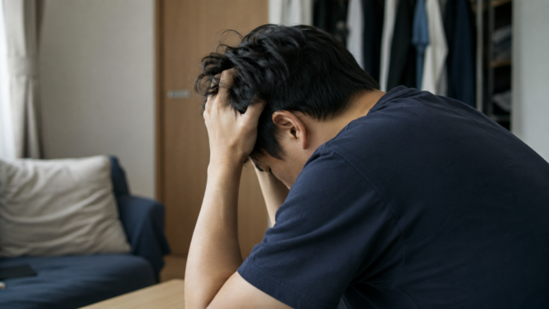 頭を抱えてうつむき、疲れとイライラが重なった様子の30代男性
