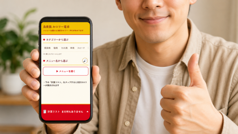 スマホに「鳥貴族 カロリー電卓」の画面を表示し、親指を立てている男性の口元から胸元の写真
