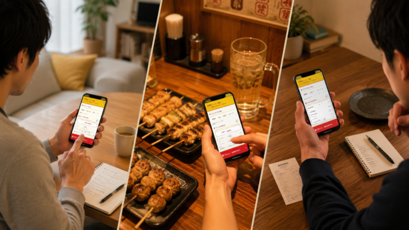 鳥貴族 カロリー電卓を来店前・来店中・来店後の3つの場面でスマホから確認している様子