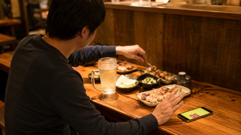 鳥貴族でスマホのカロリー電卓を使わず、焼き鳥や飲み物を楽しんでいる男性