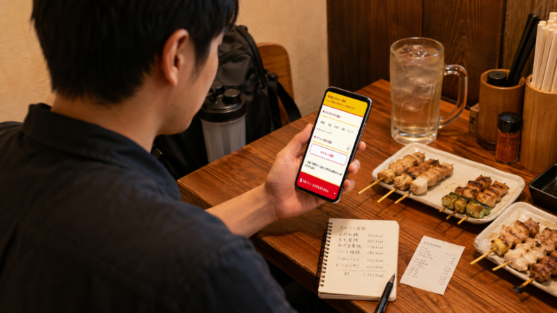 鳥貴族で焼き鳥を前に、スマホの「鳥貴族 カロリー電卓」を見ながら注文内容を確認している男性
