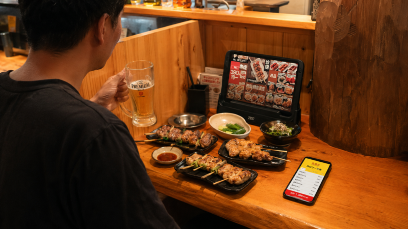 鳥貴族のカウンター席で、一人飲みを楽しみながら焼き鳥や料理を並べ、スマホの「鳥貴族 カロリー電卓」を確認している男性の後ろ姿